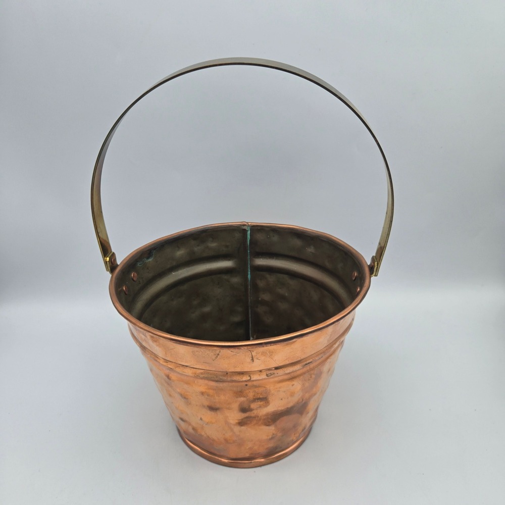 Vintage Artisan Made Hammered Copper Bucket Pail Brass Handle Signed CH 1991